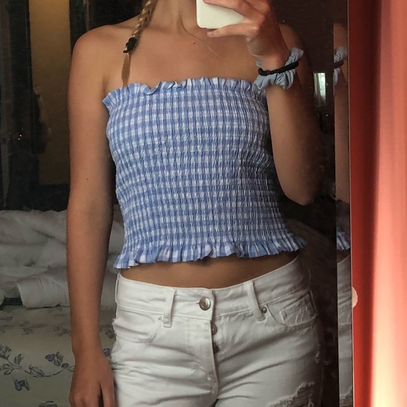 blue plaid smocked tube top - Picture 6 of 6